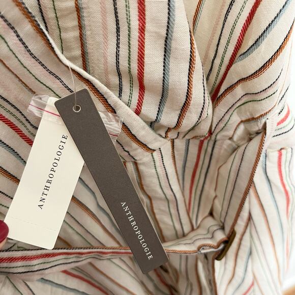 Anthropologie Maeve Womens Belted V Neck Button Front Midi Dress 14 Beige Stripe - Picture 10 of 15